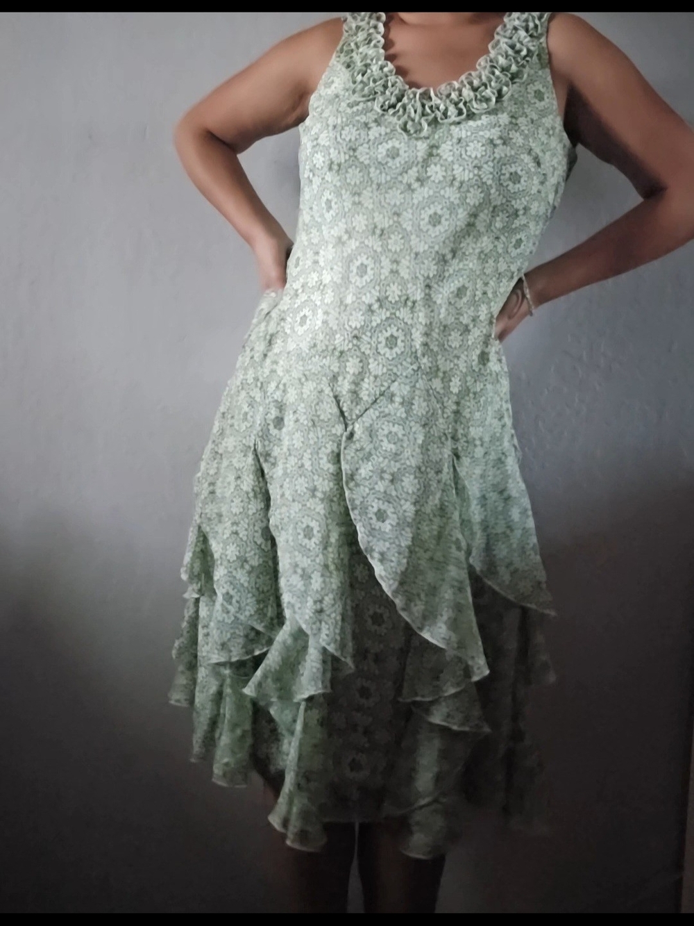 Sleeveless Floral Ruffle Midi Dress in Sage Green
